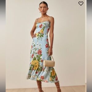 Reformation Floral Dress in Blue and Yellow